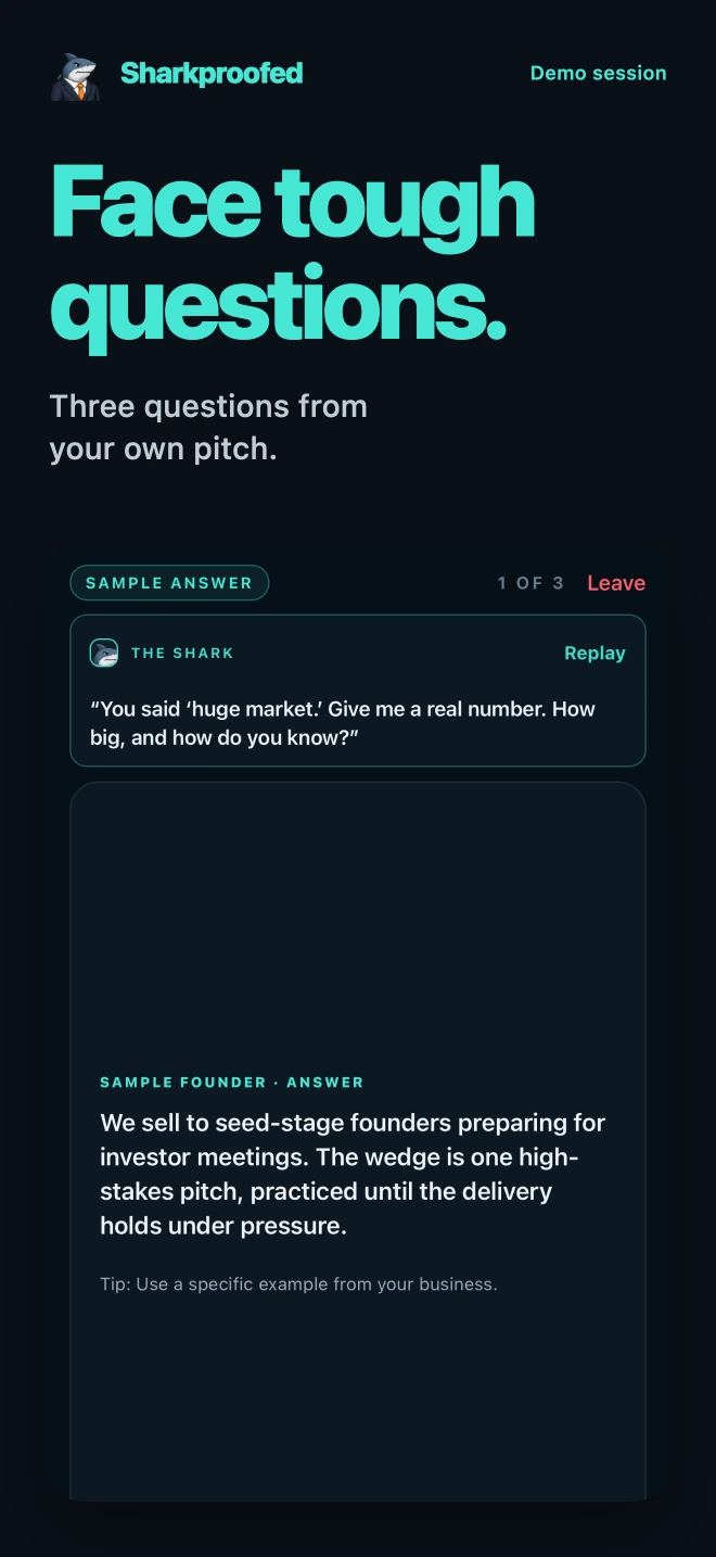 Face tough questions generated from your own pitch, shown with a labelled demo question