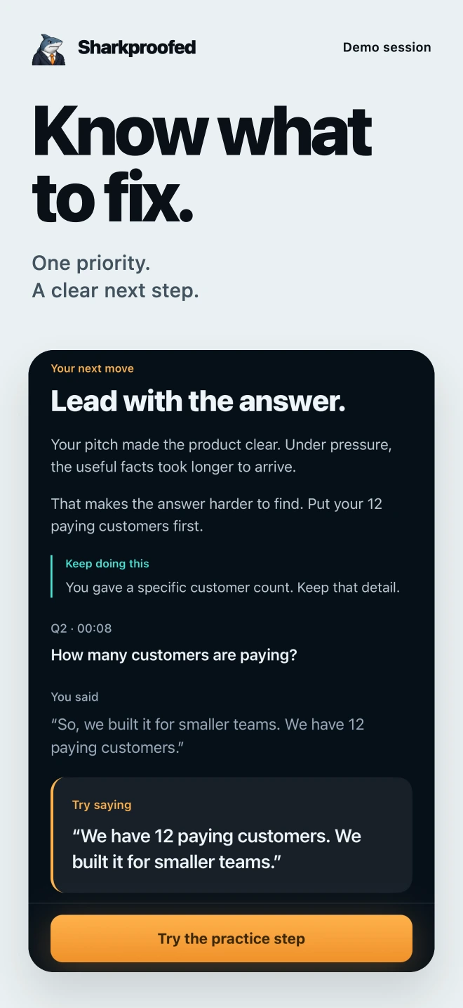 Know what to fix: Sharkproofed's demo feedback turns a rambling answer into a clear line to practice